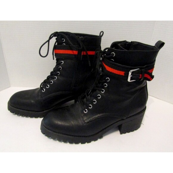 Madden NYC Georgiana Combat Boots Black Red Stripe Buckle Lug Sole 9.5 M - Picture 4 of 8